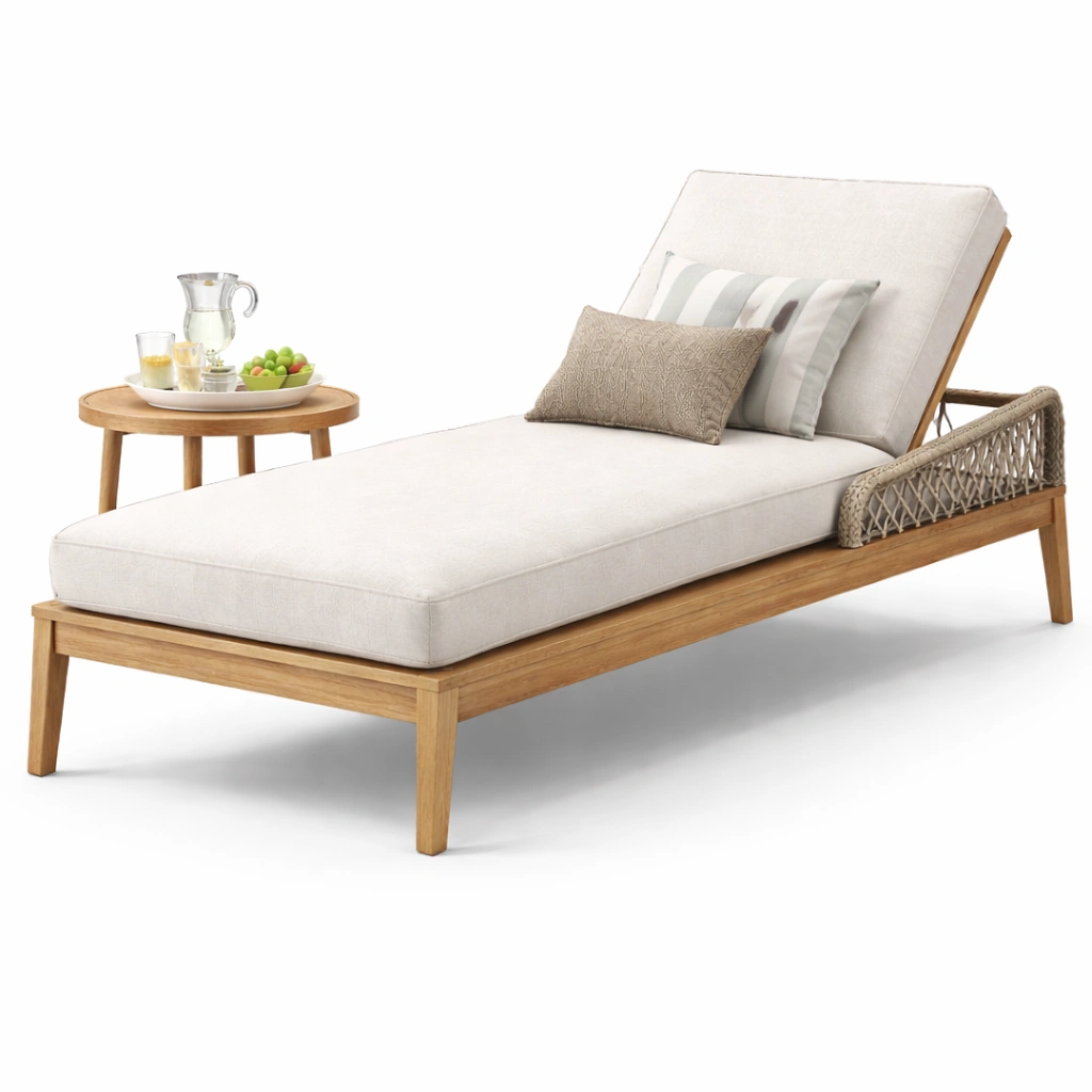 Outdoor Sonnenliege mit Armlehne Holz Rattan Beige